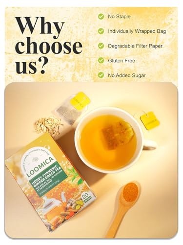 Image of LOOMICA Honey Turmeric Ginger Green Tea, Naturally Caffeinated, Smooth Green Tea Blend with Golden Spice & Honey Flavor, Naturally Uplifting, No Artificial Sugar Added, 20 Count