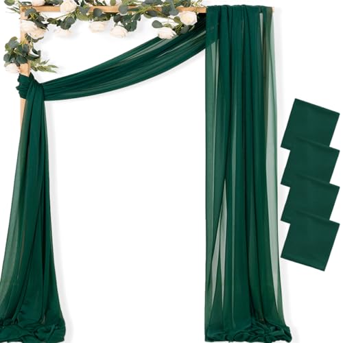 Image of MLMC Emerald Green Wedding Arch Draping Fabric 4 Panels 29 inch x 20 FT Extra Long Gauze Drapes Sheer Backdrop Curtains 6.6 Yards Outdoor Drapery Panels for Wedding Ceremony Party Ceiling Decoration
