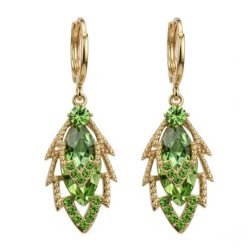 HEFEIYU 14K Gold Plated Dangle Drop Earrings, Hypoallergenic Cubic Zirconia Crystal Teardrop Leaf & Feather Earrings, Vintage Long Linear Threader Chandelier Statement Jewelry for Women Wedding Party Gifts (Green) - image 1