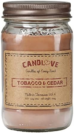 Candlove Tobacco & Cedar Scented Candle - Non-Toxic 100% Soy Candle - Handmade & Hand Poured Long Burning Candle - Highly Scented All Natural Clean Burning Candle (16 OZ Mason Jar) Made in The USA