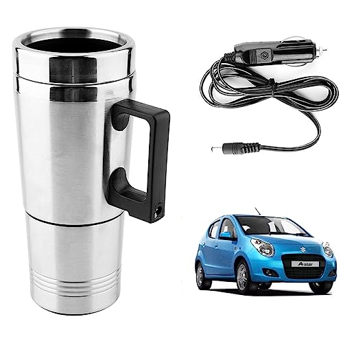 Image of Oshotto 12V Stainless Steel Car Heating Kettle /Mug, Travel Friendly electric Tea /Coffee maker Compatible with Maruti Suzuki A Star (300ml) - Silver