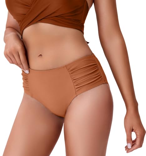 COCOPEAR Full Coverage Bikini Bottoms for Women Mid Rise Bathing Suit Bottoms for Women Ruched Tummy Control Swim Bottoms Light Orange XL — view 2