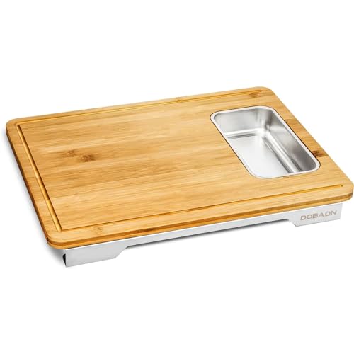 Tabla de Cortar de Bambú para Cocina, Preparación de Comidas y Servir – Tabla de Picar de Madera para Quesos y Embutidos con Recipiente de Acero Inoxidable, Ranuras para Jugos y Patas Antideslizantes, 41,9 x 31,8 x 5,1 cm miniatura 1