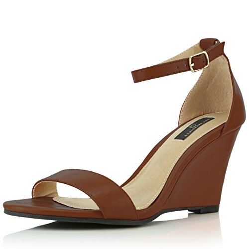DailyShoes Women's High Wedge Sandals Ankle Strap Open Toe Summer Buckle Heels Shoes Straps Fashion Walda-01 Brown Pu 7.5