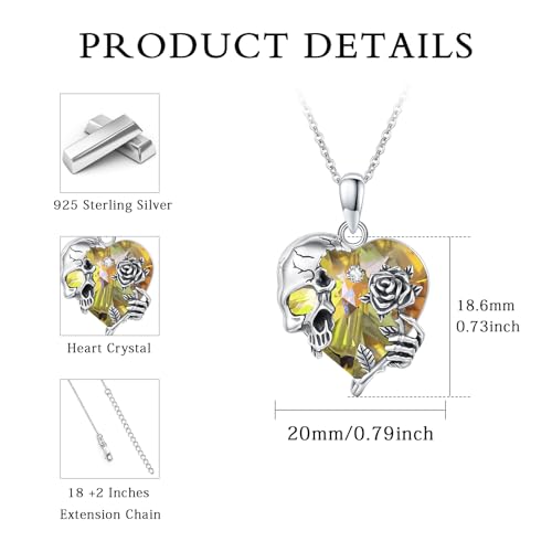 Image of S925 Sterling Silver Skull Pendant Necklace Heart Crystal Birthstone Skull Necklace Gothic Jewlery Gifts