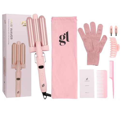 G L HAIR Ultimate GL 3 Barrel Waver KIT (Set of 6) -25mm Curling Iron Tongs Mermaid Waves Wand Curler with Temperature Control Quick Heating for Long or Short Styling, Pink