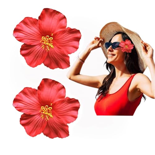 YSSZAM 2 Pcs Red Hawaiian Flower Hair Clip for Women Girls Fashion Bohemian Flowers Hair Accessory for Dancer Bridal Wedding Beach Party 8 cm