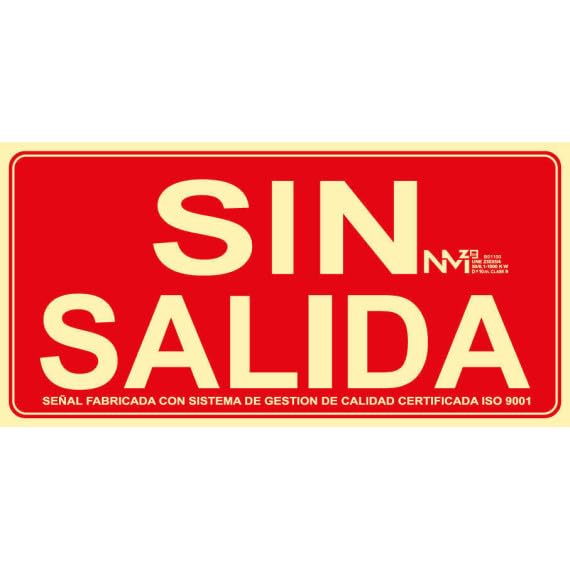 Señal de emergencia "Sin Salida" luminiscente en PVC o aluminio 320 x 160 mm SEKURECO