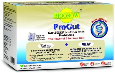BIOGROW Progut Oat BG22 Hi-Fiber + Probiotics (7g x 30 sachet) 210g - Biogrow ProGut High-Fiber powder with Probiotics is a food supplement formulated with Dual Action Formula