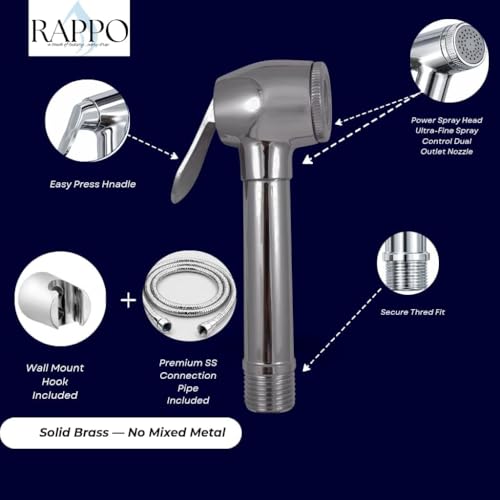 Image of RAPPO Solid Brass Health Faucet with Flexible Hose and Wall Hook Chrome Finish Handheld Jet Spray for Toilet Bathroom Accessory Durable Easy Install Utility Set (Dolphin Set - with Hose & Hook)