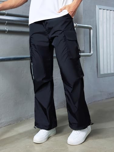 WDIRARA Men's Baggy Cargo Pants Flap Pockets Hiking Sweatpants Drawstring Waisted Wide Leg Casual Pants with Pockets3