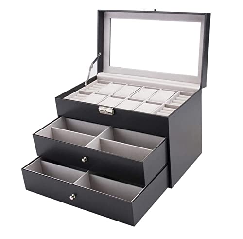 Caja para relojes, caja para relojes, expositor de relojes, organizador de almacenamiento de relojes, parte superior transparente, piel sintética negra, 3 capas, caja para gafas, porta relojes,