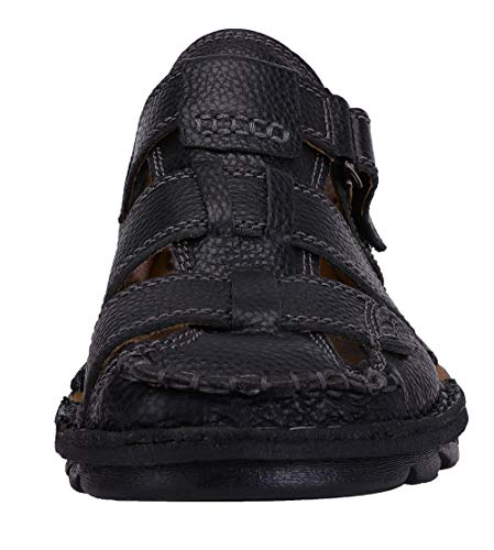 JIONS Closed Toe Leather Fisherman Sandals for Men Men's Casual Outdoor Adjustable Strap Summer Shoes (40/7.5 D(M) US, B/Black)