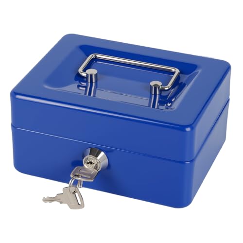 Image of Small Cash Box with Money Tray and Lock, Metal Cash Lock Box with Key, Petty Cash Box for Money 5.9 x 4.7 x 3.1 Inches Blue