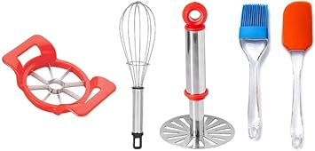 Convenient for Daily Use Combo of Apple Cutter, Stainless Steel Whisk & Masher and Silicon Spatula Brush (Pack of 5) Multicolor Kitchen Tool Set