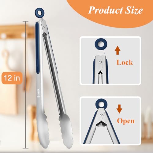 Metal Tongs for Cooking, 12-Inch Stainless Steel Tongs Kitchen Tongs Cooking Tongs Salad Tongs with Silicone Non-Slip Grip, Kitchen Utensils Set Tongs for Food, Salad and Outdoor BBQ (Set of 4)