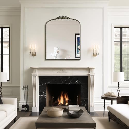 Image of WallBeyond Black Vintage Mirror for Vanity 28x36 Inch, Black Antique Mirror with Ornate Frame, Arched Vintage Wall for Bathroom, Living Room, Fireplace, Entryway