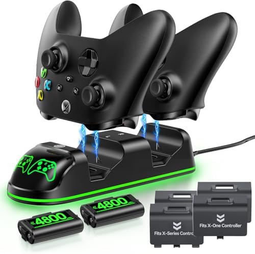 Controller Charger Station with 2x4800mWh Rechargeable Battery Packs Compatible with Xbox One/Elite/Series X|S, Controller Charging Dock, XB Gaming Accessories with 9 RGB Modes and 4 Battery Covers