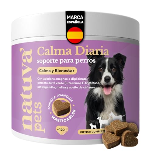 natuva pets Calmante para Perros - 120 Masticables con L-Triptófano, Ashwagandha, Magnesio, Melisa y Valeriana - Golosinas Relajantes para Perros - Ansiedad, Separación, Estrés, Petardos
