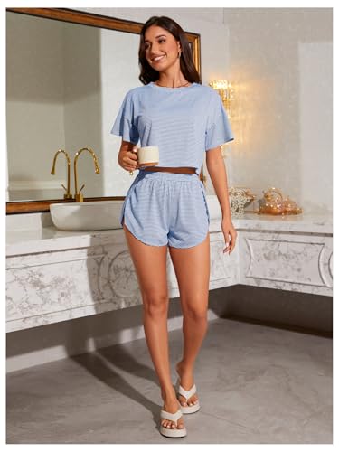 Image of OYOANGLE Womens Pajama Sets 2 Piece Sexy Lounge Sets Summer Cute Pjs Striped Print Tee and Side Split Shorts Set