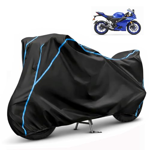 Image of Compatible with Yamaha R15 V4 Waterproof Two Wheeler Bike Body Cover Water Resistant, Heavy Duty, UV Rays, Dust & Scratch Protection for All-Modal & Variants (Black,Sky Blue Piping)