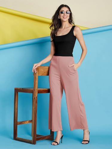 Image of Selvia Women's Solid Ribbed Lycra Elastic Regular Fit Wide-Leg Trouser
