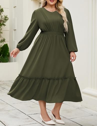 Hanna Nikole Women Plus Size Long Sleeve Casual Dress 2025 Fall V Neck Pleated Flowy Tiered Maxi Dresses with Pockets