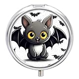 Runde Pillendose mit niedlichem Fledermaus, 3 Fächer, Medikamenten-Organizer mit Spiegel, Reise-Pillenetui, niedlicher Vitamin-Organizer, tragbarer täglicher Pillenbehälter für die Hosentasche
