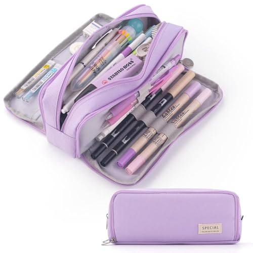 Image of Pencil Case Large Pencil Cases for Girls Boys Big Capacity Pencil Pouch with 3 Compartments School Stationary Kids College Students Office Aesthetic Pencil Pouch Teenage Adults (Purple)