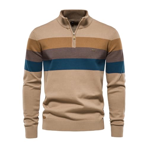 Men's Quarter-Zip Sweater Cotton Stand Collar Contrasting Color Stripes Fall Knitted Pullovers Top