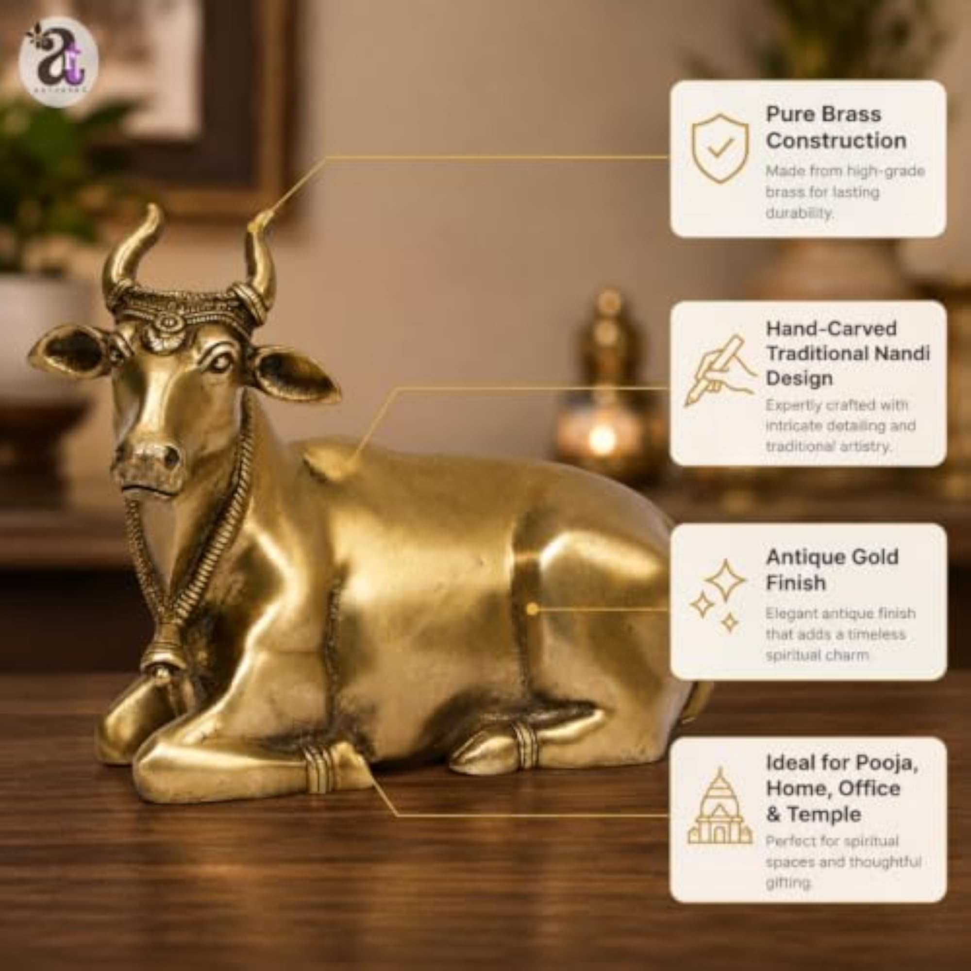 Brass Sitting Nandi Cow Statue, Home Decoration