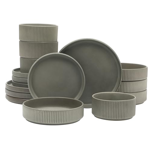 Image of Gibson Elite Deerfield 16-Piece Stoneware Dinnerware Set - Soft Grey Reactive Glaze, Stackable Plates and Bowls, Service for 4 - Microwave & Dishwasher Safe