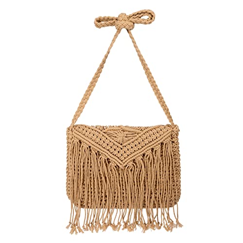 Bolsos de Hombro de Playa Hechos a Mano, Mujer Bolsos de Mensajero con Borla, Casuales Bohemio Ganchillo Verano Trenzado Bolso Playa de Cuerda de Algodón para Vacaciones de Viaje (Marrón)