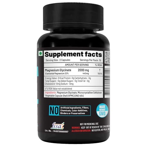 Image of NutriJa Magnesium Glycinate 2000mg Supplement | Contains Elemental 22% (440mg) Per Serving - Superior Absorption & High Potency - 30 Veg Capsules