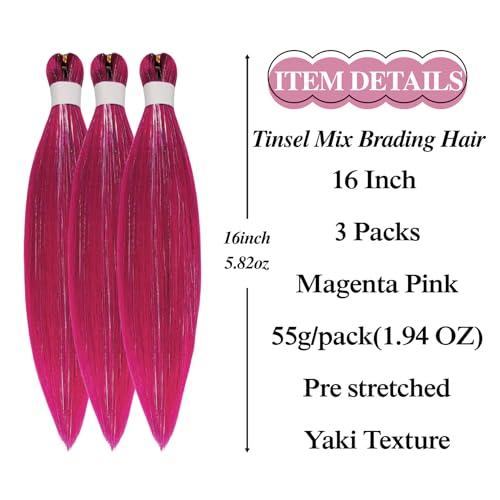 Tinsel Kids Braiding Hair Pre stretched Magenta Pink Braiding Hair for Glitter Braids Festival Braids Halloween Cosplay - Image 3