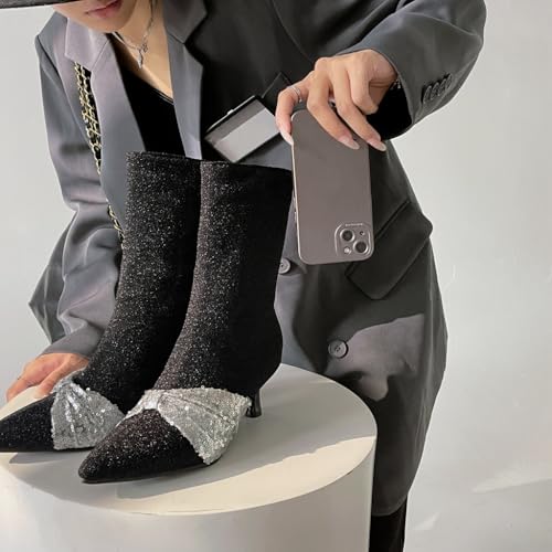 Women's Pointed Toe Kitten Low Heels Ankle Boots Glitter Sequins Pull On Elegant Bowtie Dressy Short Booties2