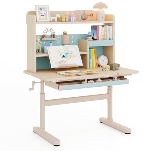 RELAX4LIFE Escritorio Infantil con Librería y Altura Ajustable, Escritorio Elevable con Encimera Ajustable en Ángulo, Portalápices, Atril, Cajón, Mesa de Estudio para Niños de 3-12 Años (Azul)