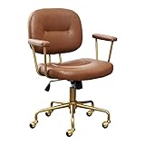 Leather Home Office Chair Ergonomic, Modern Desk Chair Comfortable with Mid Back, Adjustable Rolling Work Chair for Home Office, Capacity 300lbs, Brown Leather Gold Frame