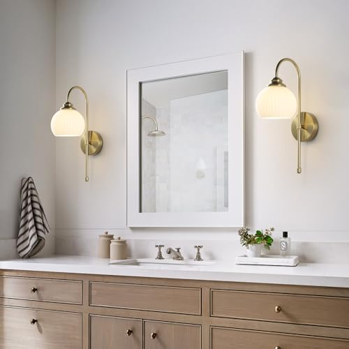 Image of KCO Lighting Gold White Cordless Wall Sconces Mid Century Modern Bedroom Sconces Set of 2 Milk Glass Wall Lamps Antique Brass Wall Light Set of Two Retro Bathroom Vanity Light Fixtures
