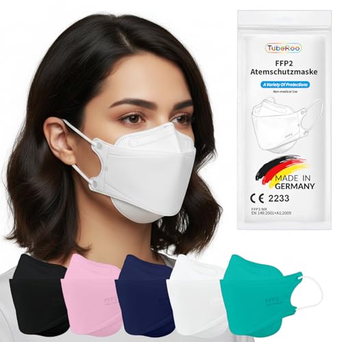 TubeRoo FFP2 Maske weiß Fischform 20 Stück Masken aus Deutschland Made in Germany weiche Ohrschlaufen Bänder Atemschutzmaske Mundschutz
