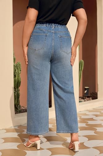 Women Wide Leg Jeans Plus Size High-Waist Elastic Waistband Loose-Fitting Classic Denim Long Pants4