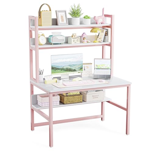 Aquzee Pink Desk Hutch, 47in Woman Computer Desk with Bookshelf & Storage Shelves, Space Saving Girls Writing Study Craft Table for Bedroom Kids Room, White Wood & Pink Iron Home Office Desks