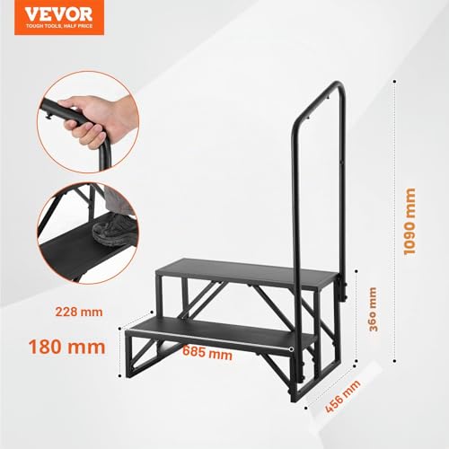 VEVOR Wohnmobil-Stufen, 2-stufige Wohnmobil-Treppe, 200 kg Tragkraft, Verdickter Kohlenstoffstahl, mit Handlauf, rutschfeste Stufen für sicheres EIN- und Aussteigen, geeignet für Wohnmobil, Anhänger