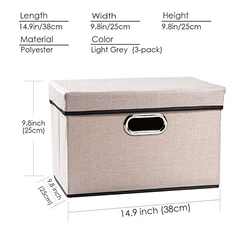 Image of PRANDOM Foldable Storage Bin with Lid [3-Pack] Linen Fabric Decorative Storage Box Organizer Container Basket Cube with Handles Divider for Closet Office Living Room Light Grey(14.9x9.8x9.8)