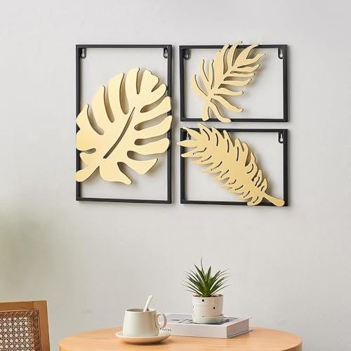 Image of SHREE 'O' GREEN TECH Gold Metal Wall Decor Leaf Wall Hanging Decoration, Set of 3 Metal Wall Art Home Decor for Living Room Office Bedroom Hotel (Design -1)