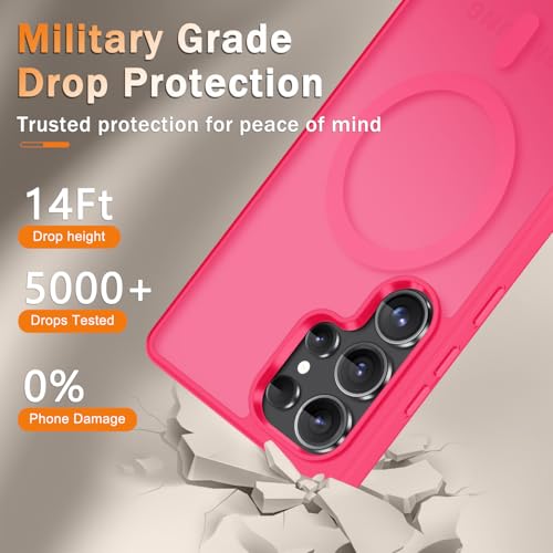 Image of for Samsung Galaxy S25 Ultra Case, Matte Magnetic Phone Cover, Hot Pink | Fit for MagSafe, Screen Protector included, Shockproof Military Grade Protection, Translucent Frosted Back