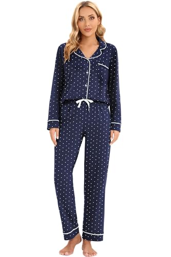 LUBOT 100% Cotton Pajamas for Women PJ Set Soft Button-Down 2 Piece Set Knitted Long Sleeve Sleepwear Loungewear XS-XXL4