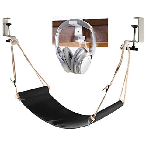 Auoinge Foot Hammock with Headphone Holder, Updated Desk Hammock Portable Durable Foot Rest with Adjustable Screw in Rubber Clamps for All Desk Cover