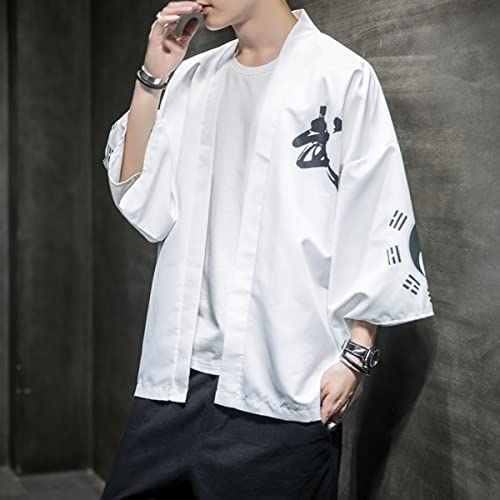 Men\'s Japanese Haori Jacket Kimono Noragi Cardigan 3/4 Sleeve Casual Happi Coat I2-White Medium - Thumbnail 4