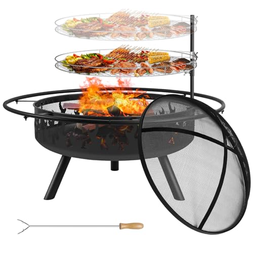 Kalolary Brasero de Jardin avec Grillage, Φ91 cm 2 en 1 Cheminée de Jardin avec Protection Anti-étincelles et Tisonnier pour Le Chauffage, la Terrasse, Le feu de Camp et Le Camping